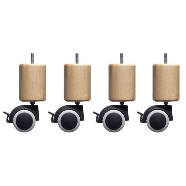 4 pieds cylindriques bois naturel à roulette pivotante et frein 15 cm DAS