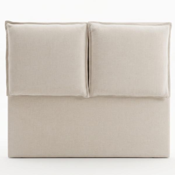 Tête de lit beige avec deux grands coussins rembourrés, vue de face sur fond blanc DAS